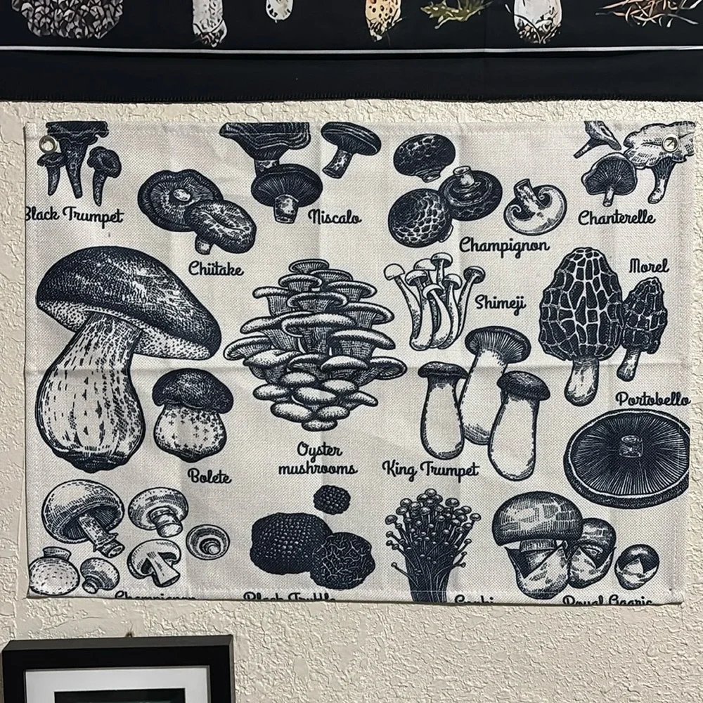 🔥5 for $25🔥 Cottagecore Neutral Mushroom Print Burlap Wall Art Tapestry